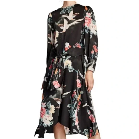 NWT ZARA MIDI BIRD DRESS WITH TIED WAIST. SIZE XS. - Picture 1 of 16